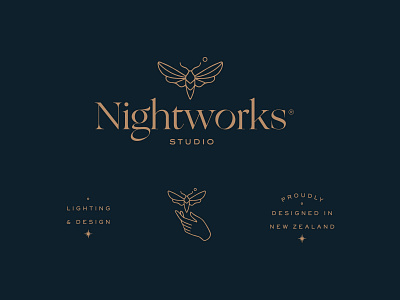Nightworks Studio badge branding dark design hand illustration lighting logo monoline moon moth night secondary star submarks tagline