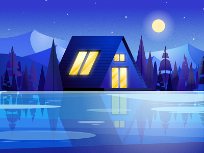 Cozy Cottage cottage design grain grainy illustration lake moon night noise vector