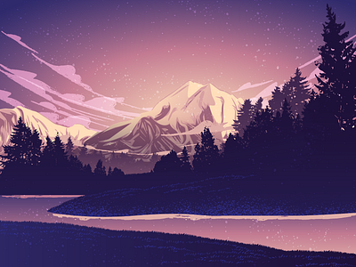 Mountain View adventure calm clouds evening forest hills lake minimalist morning mountain outdoors peaceful purple relax river stars sunrise sunset trees vector
