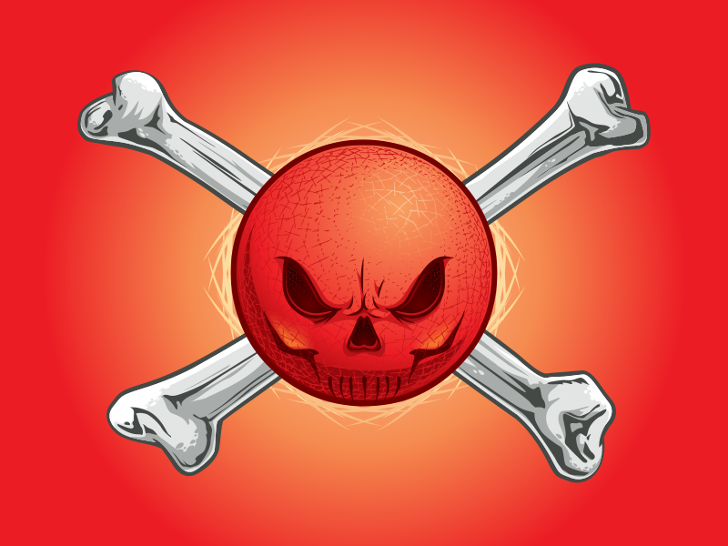 Dodgeball Skull and Crossbones mascot logo design graphic vector tough playground sports ball red pirate skull crossbones bones dodgeball kickball