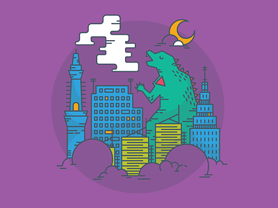 Dreaming of Godzilla badge buildings city dinosaur godzilla icon japan line art moon night nightlife tokyo