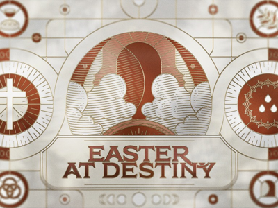 Easter at Destiny church crimson crosshatching depth of field digital illustration easter empty tomb etching gold graphic design holy week illustration linework passover sermon series stained glass vector