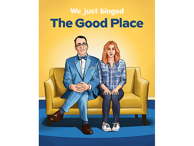 The Good Place binge blue cinema comic couch couple fanart funny good illustration ipadpro movie poster place procreateapp sarcastic the good place welcome yellow