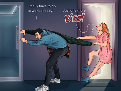 One More Kiss blue comic couple design dont leave elevator funny illustration ipadpro jacket kiss leaving love lovely morning pink procreateapp sweet work