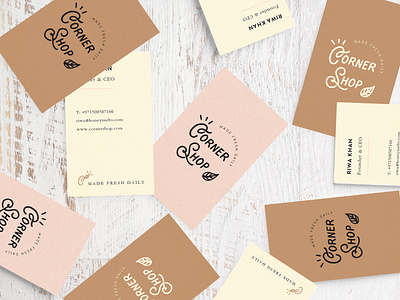 CornerShop Business Cards branding business card corporate branding daily free dubai granola hand writing identity minimal mylk soft colors visual identity