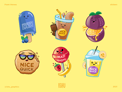 Foam Heroes stickers cookie design detailing fruite ice-cream illustration illustrator ishu lollipop milkshake sticker vector