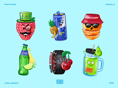 Foam Heroes brand / Stickers design detailing illustration ishu lemon lime orange pear raspberry soda sunglass vector