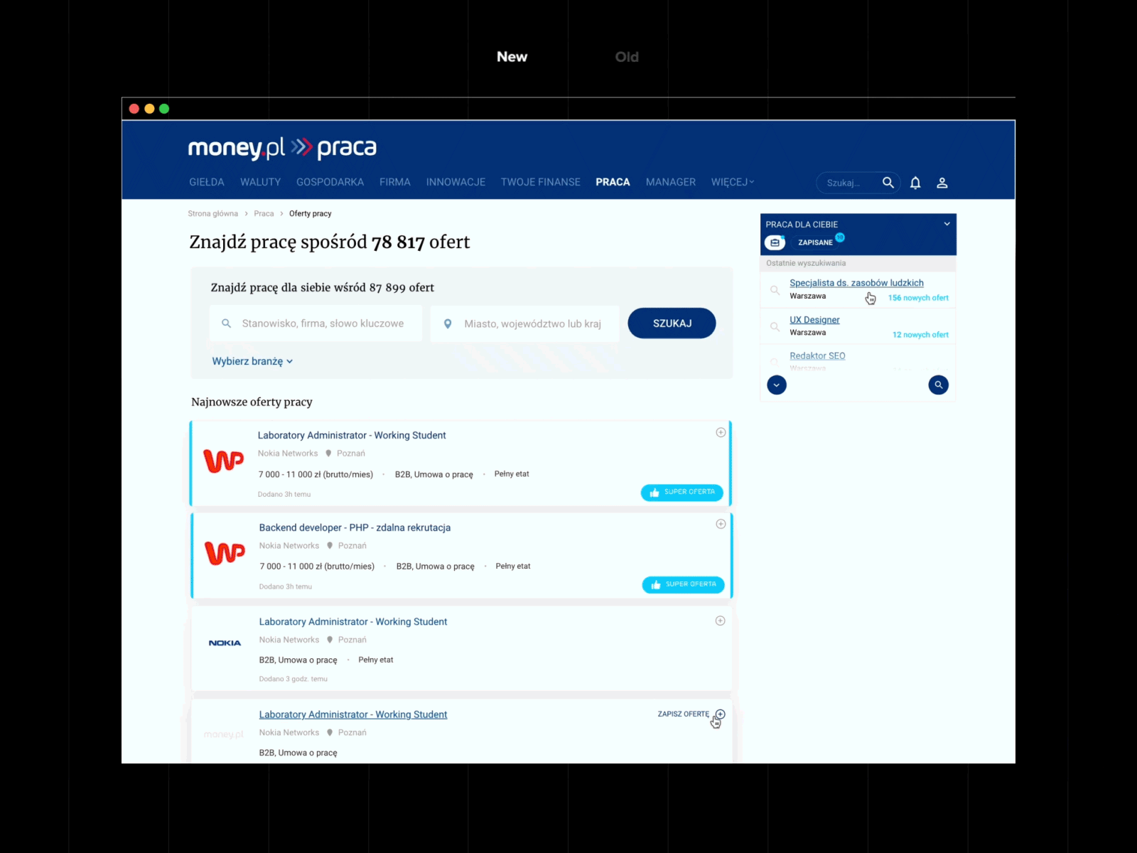 praca.money.pl - new redesigned web applicant applicants hiring platform job application job board job finder job search jobs jobsite redesign redesigned website design