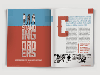 Standing Orders broncos cover design distressed drop cap editorial font magazine publication sports spread typography