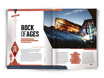 Red Rocks design drop cap editorial font magazine publication pull quote red rocks spread typography
