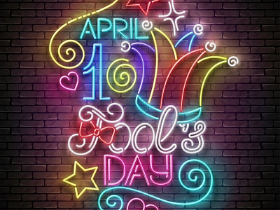 1 April Fool's Day, Greeting Card 1 april clown doodle fool fun greeting card hat jester lettering neon vector