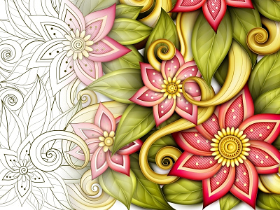 3d Floral Background, 100% Vector 3d doodle floral flower ornament pattern realistic vector work in progress