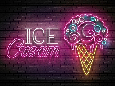 Ice Cream Neon Poster, 100% Vector Art 3d advertisement banner cafe food ice cream neon poster retro signboard vector