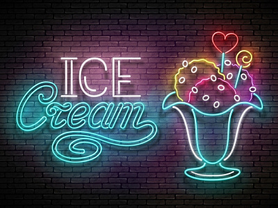 Ice Cream Neon Poster, 100% Vector Art 3d advertisement banner cafe food ice cream neon poster retro signboard vector