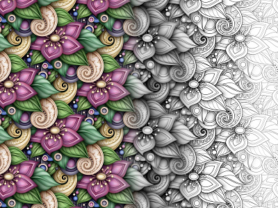 3d Floral Pattern with Progress Demonstration 3d coloring book doodle floral flower illustration ornament pattern realistic vector work in progress