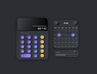Neumorphic Calculator and Date Picker art calculator dark mode dark theme dark ui neumorphic product design software design ui uidesign visual design