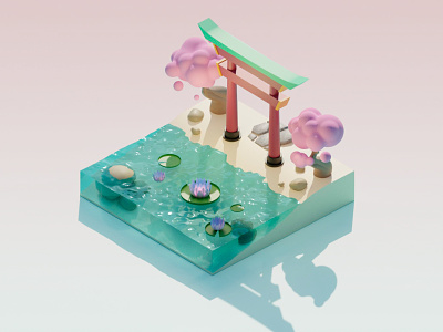 Japanese garden 3d app design blender catch design dribbble gates graphic illustration japanese garden logo low poly pink sakura scene spring ui violet water web