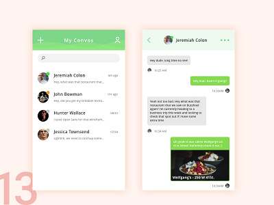 Direct Messaging - Day 13 chatbox concept contacts conversation convos daily ui dailyui day13 design dinner direct food suggestions green messaging picture search steak talking uidesign vector