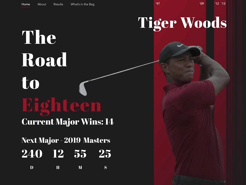 Tiger Woods Countdown - Day 14 animation black concept countdown daily ui dailyui day14 design golf invisionstudio majors masters race to 15 red sunday tiger tw uidesign vector woods