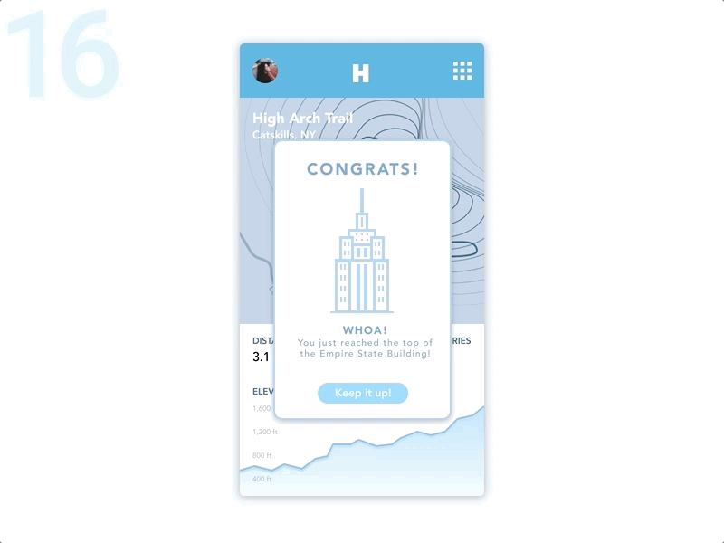 Day 16 - Popup animation concept congrats daily ui dailyui design distance elevation empirestatebuilding h hiking illustration invisionstudio mobile nyc popup trails transition uidesign vector