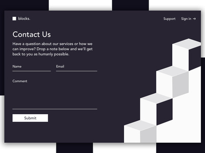 Contact Us black blocks comment concept design contact crypto dailyui day28 email geometry name nyc question sketch submit supporters uidesign us vector white