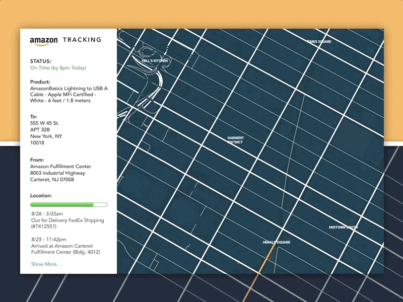 Map Tracking amazon animation animation design concept daily ui daily ui daily100 dailyui day29 design gif invision invisionstudio nyc orange package sketchapp tracking ui vector