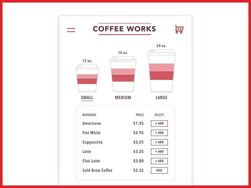 Drink Menu app application coffee concept dailyui design gif gif animation invisionstudio large medium nyc prices small transition ui uidesign uxui vector works