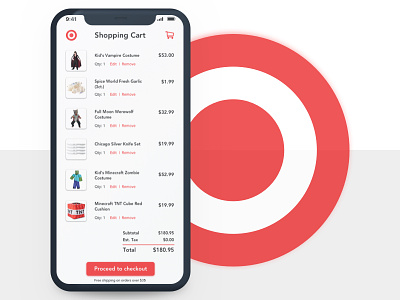 Shopping Cart app branding checkout concept costumes daily ui dailyui design halloween illustration logo nyc red sketchapp target total ui uidesign ux vector