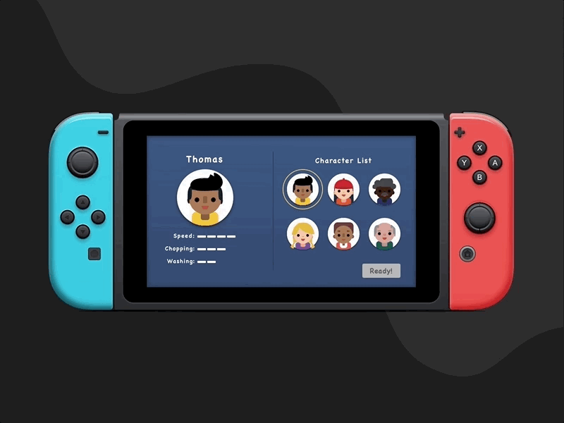 Character Select animation avatars blue characters chopping concept dailyui design gif invisionstudio nintendo nintendo switch overcooked selection speed transition ui uidesign vector washing