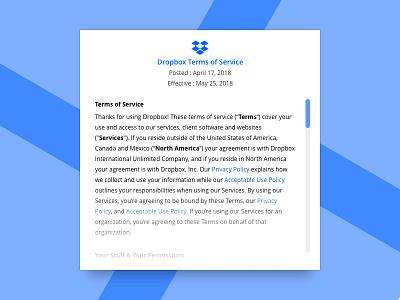 Terms of Service blue challenge concept daily ui dailyui day 89 design dropbox illustration logo modal nyc open sans sketchapp terms of service ui uidesign ux vector web
