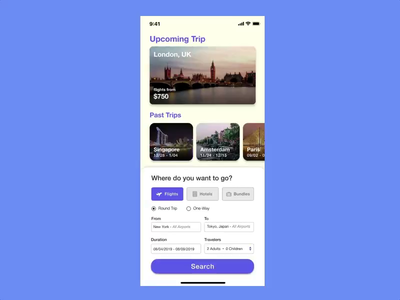 Travel Concept pt.2 animation concept design flights invision invisionstudio mobile nyc search transition travel travel app trip trips ui ux uxui vector