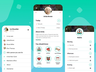 The Care Journal App activities app carers elderly health health care journal mentalhealth mobile app nursing people profile tracker ui design ux design wellness