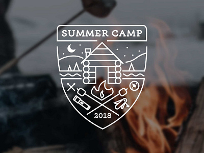 Summer Camp S'mores illustration log cabin logo summer camp
