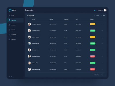 Quick - Online payment platform (Dark) app clean dark dark mode dashboard design experience interface interfaces list night payment platform product system table ui user ux
