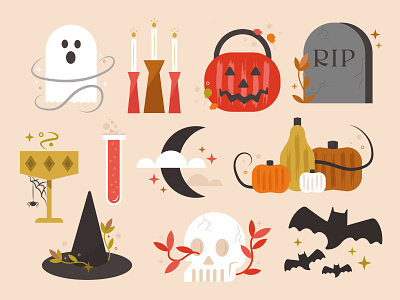 Halloween 2021 bats design ghosts graphic design halloween illustration illustrator moon pumpkins skull spiders witch