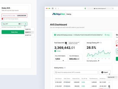 Defi Staking Dashboard algovest avs crypto dashboard defi eth redesign stake token ui ui design ui interaction ux web app