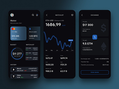 Crypto wallet concept app design application bank bitcoin black blue crypto design finance interface mobile money ui ux wallet