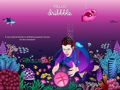 Hello Dribbble aqua art design dribbble first graphic hello illustration invitation ocean pink shot
