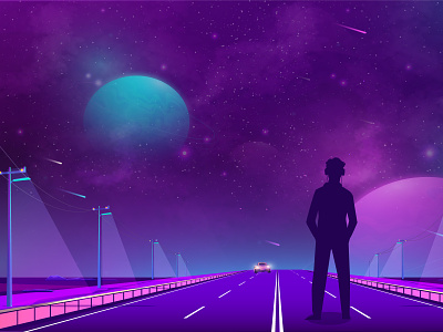 Silhouette of man on road and night sky with a alone man