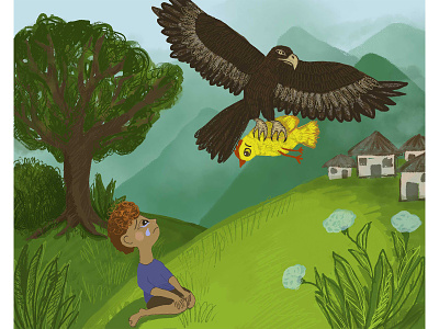 Boy and eagle boy childrens illustration design digital illustration eagle illustration mountains sadness village