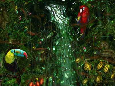 Jungle detail childrens illustration digital illustration illustration jungle parrot rainforest snake tropical tucan