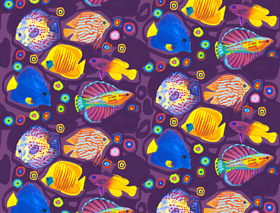 Tropical fish pattern childrens illustration design digital illustration fish illustration pattern textile tropical underwater violet