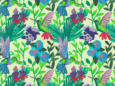 Humming Birds pattern bird design digital illustration fashion humming illustration jungle pattern print surface textile tropical