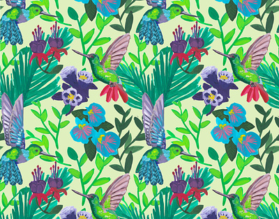 Humming Birds pattern bird design digital illustration fashion humming illustration jungle pattern print surface textile tropical