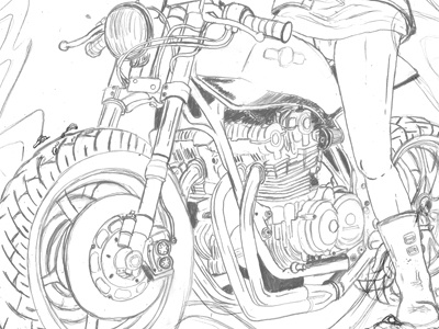 On the Way bike chick girl motorcycle pencil ride rider sketch