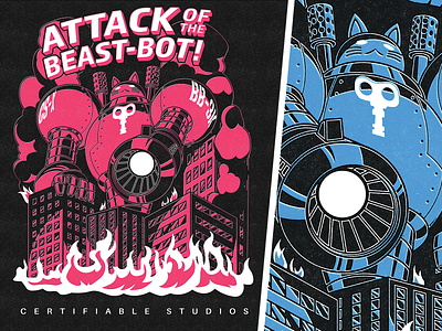 Attack of the Beast-bot! beast cat city comic halftone illustration kaiju monster robot texture tshirt vector
