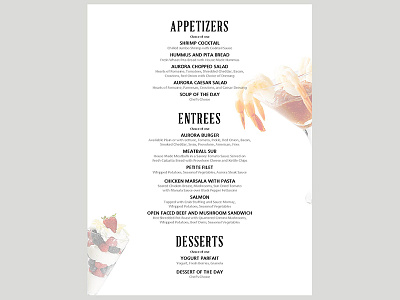 Aurora Menu Template 8.5x11 appetizers desserts entrees menu microsoft publisher one page pearl paper. print template