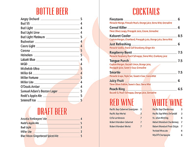 Kabaret Drink Menu beer casino coctails drinks flame menu print red template tommaso wine