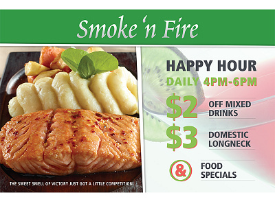 Smoke N Fire Restaurant coupon fire happy hour mailer offer oversized postcards print smoke special