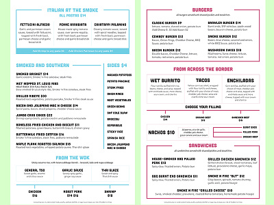 Smoke N Fire Menu american brand colors cyan food green in house menu pink print restaurant